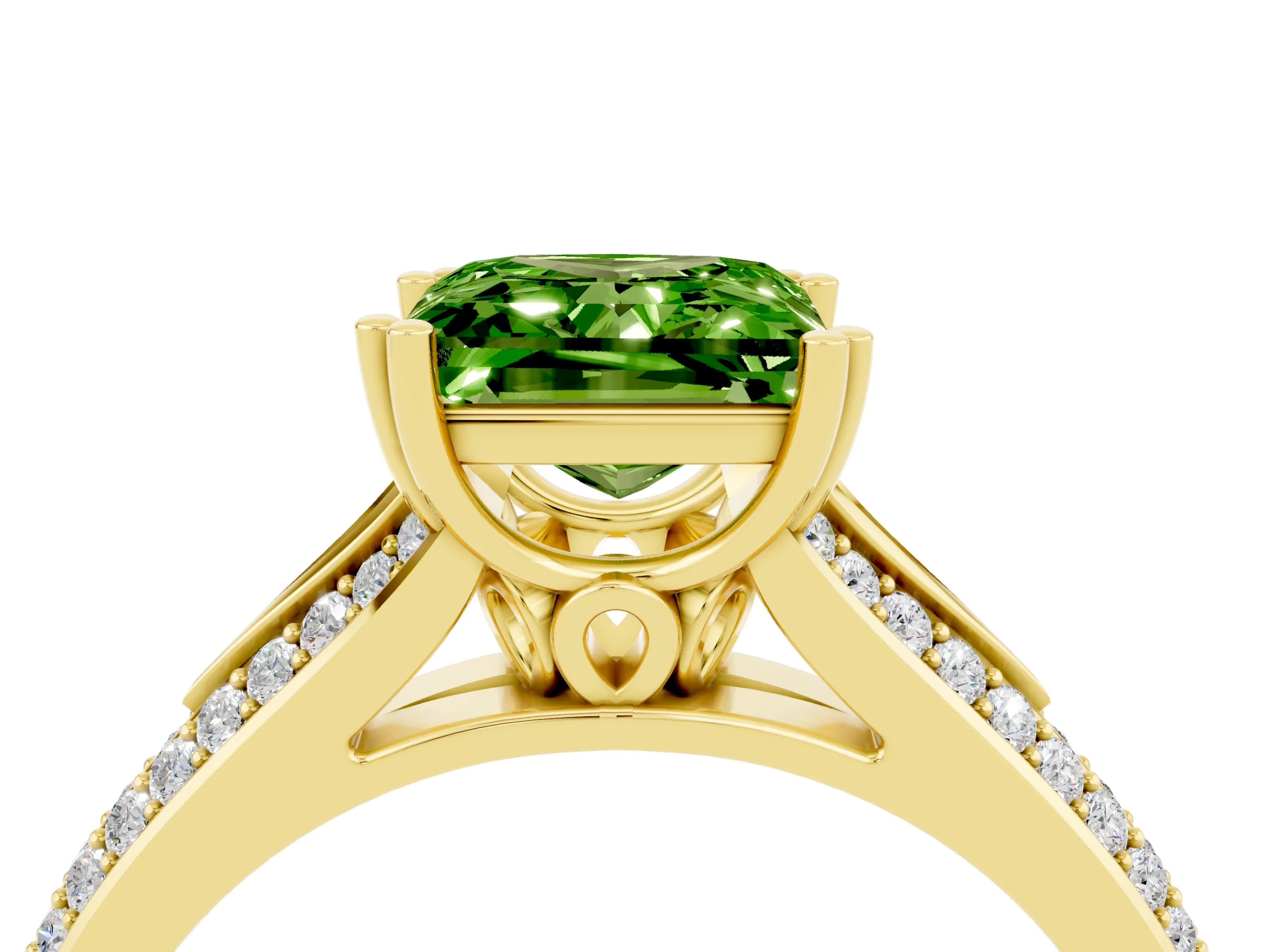 Yellow gold Princess Cut Peridot Split Shank Engagement Ring with Pavé Band_4