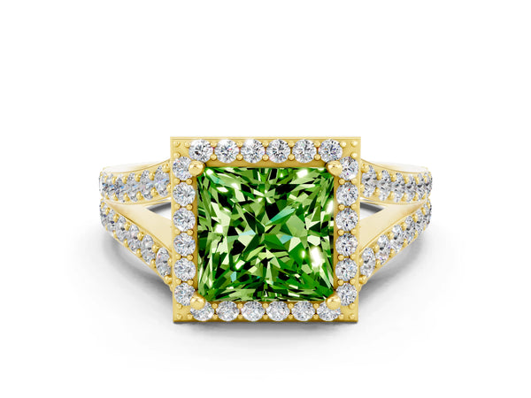 Yellow gold Princess Cut Peridot Split Shank Halo Ring with Four-Prong Setting
