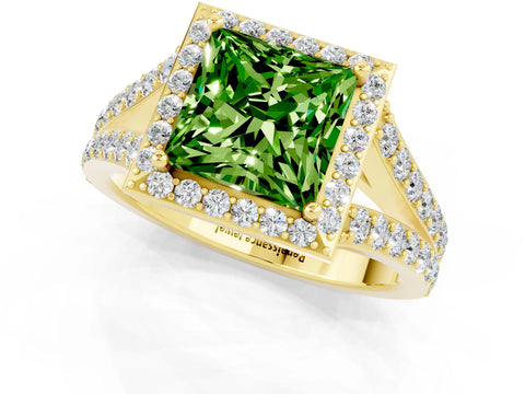 Yellow gold Princess Cut Peridot Split Shank Halo Ring with Four-Prong Setting_13