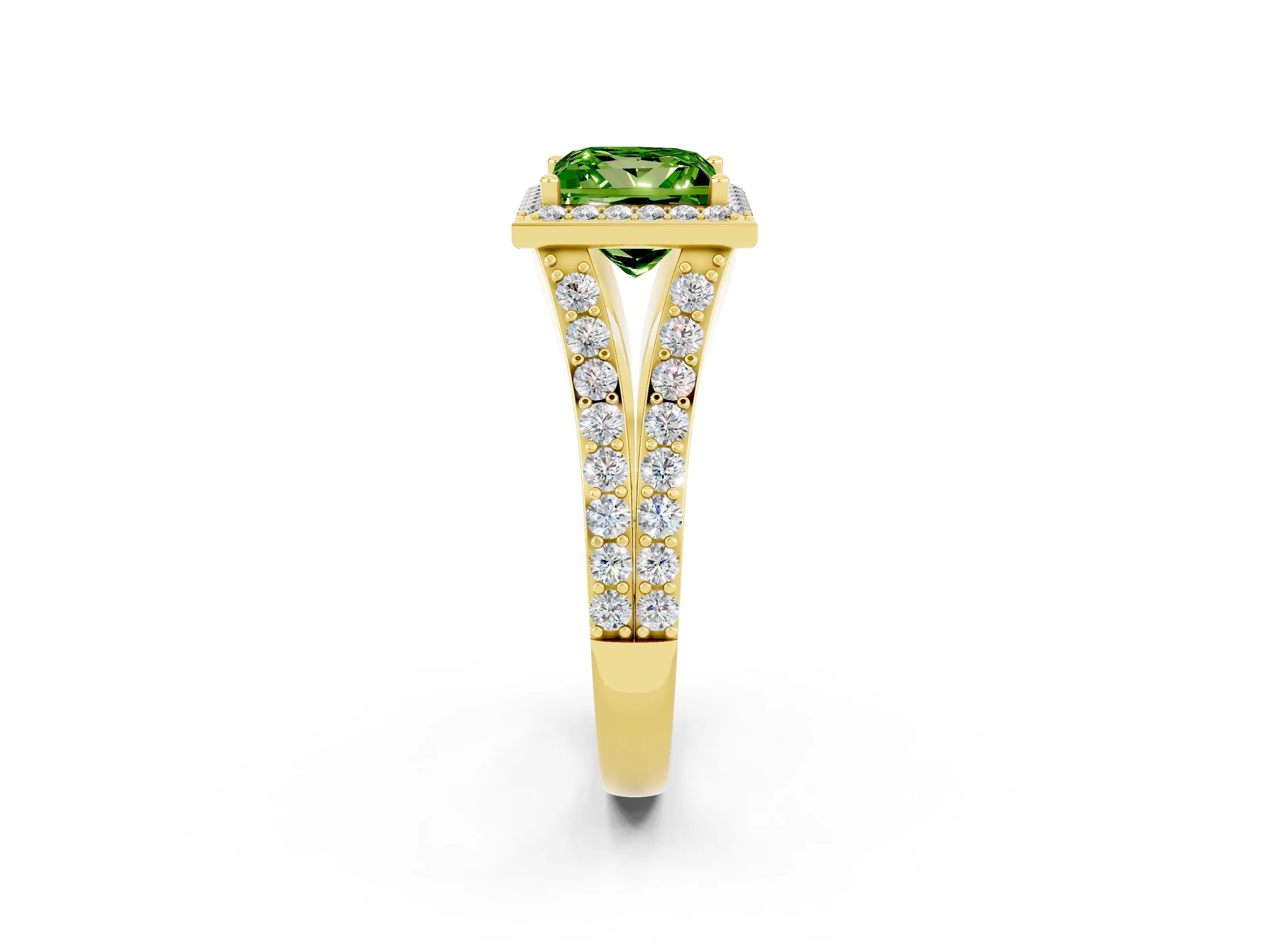 Yellow gold Princess Cut Peridot Split Shank Halo Ring with Four-Prong Setting_14