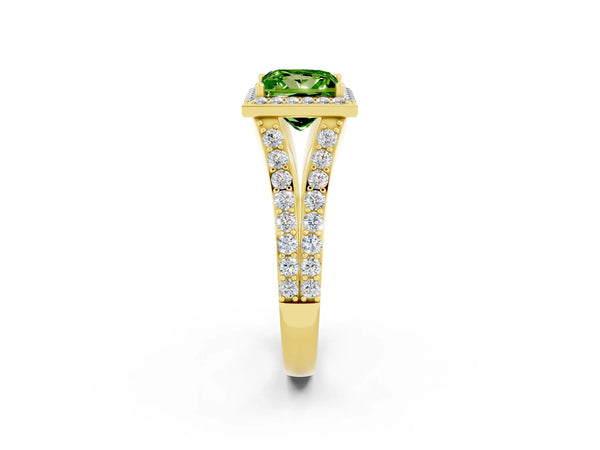 Yellow gold Princess Cut Peridot Split Shank Halo Ring with Four-Prong Setting
