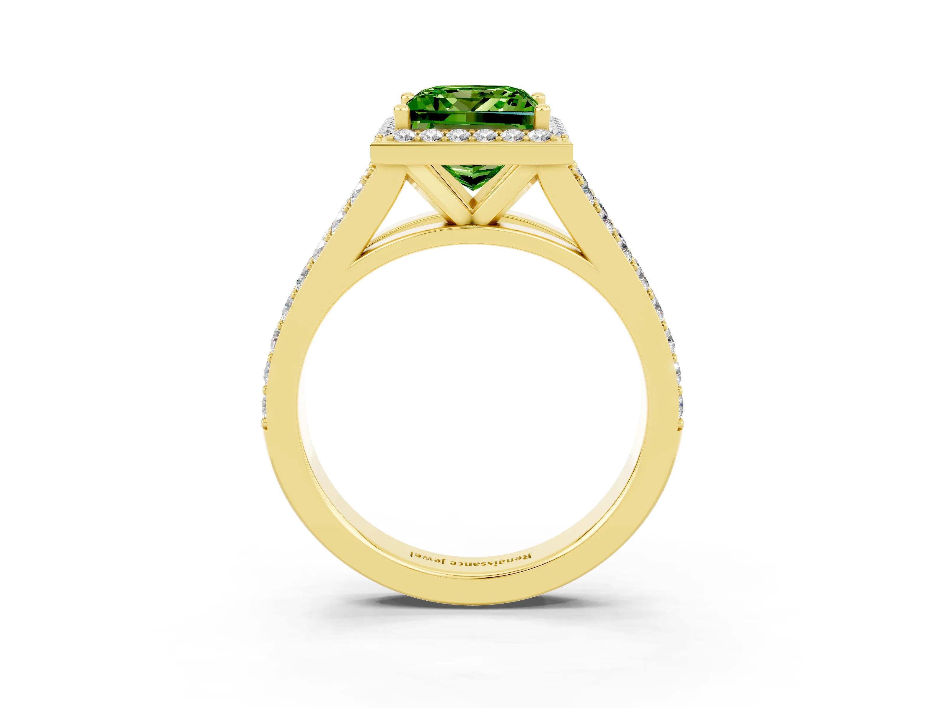 Yellow gold Princess Cut Peridot Split Shank Halo Ring with Four-Prong Setting_15