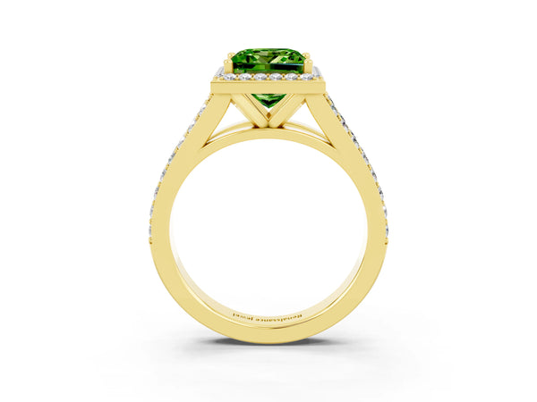Yellow gold Princess Cut Peridot Split Shank Halo Ring with Four-Prong Setting