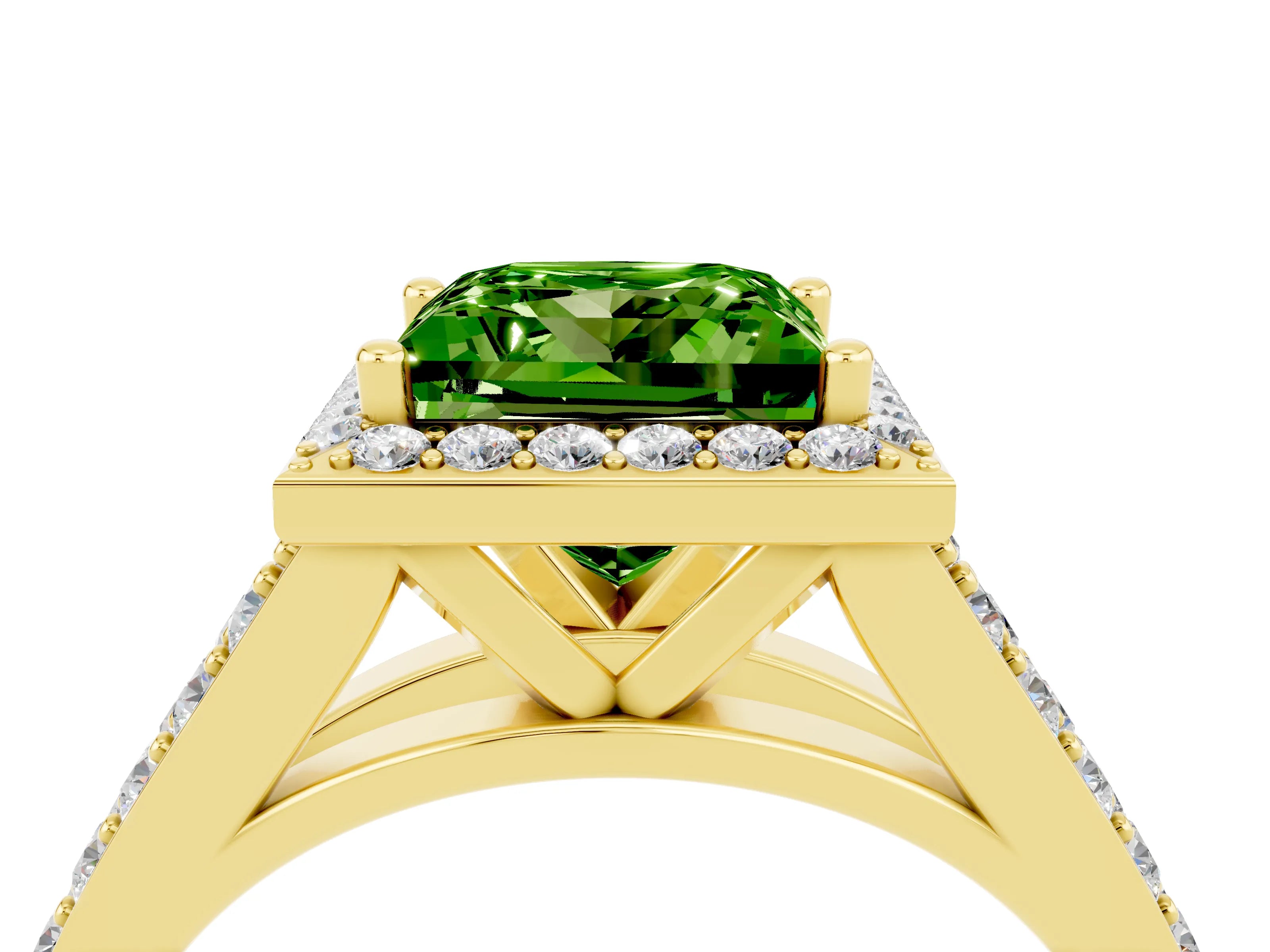 Yellow gold Princess Cut Peridot Split Shank Halo Ring with Four-Prong Setting_16