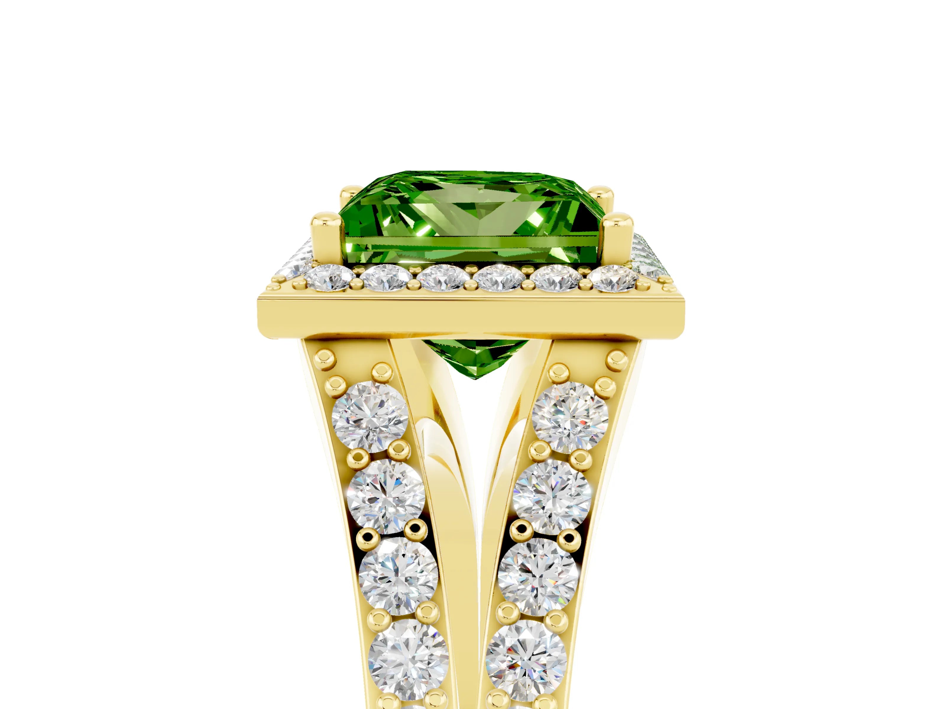Yellow gold Princess Cut Peridot Split Shank Halo Ring with Four-Prong Setting_17
