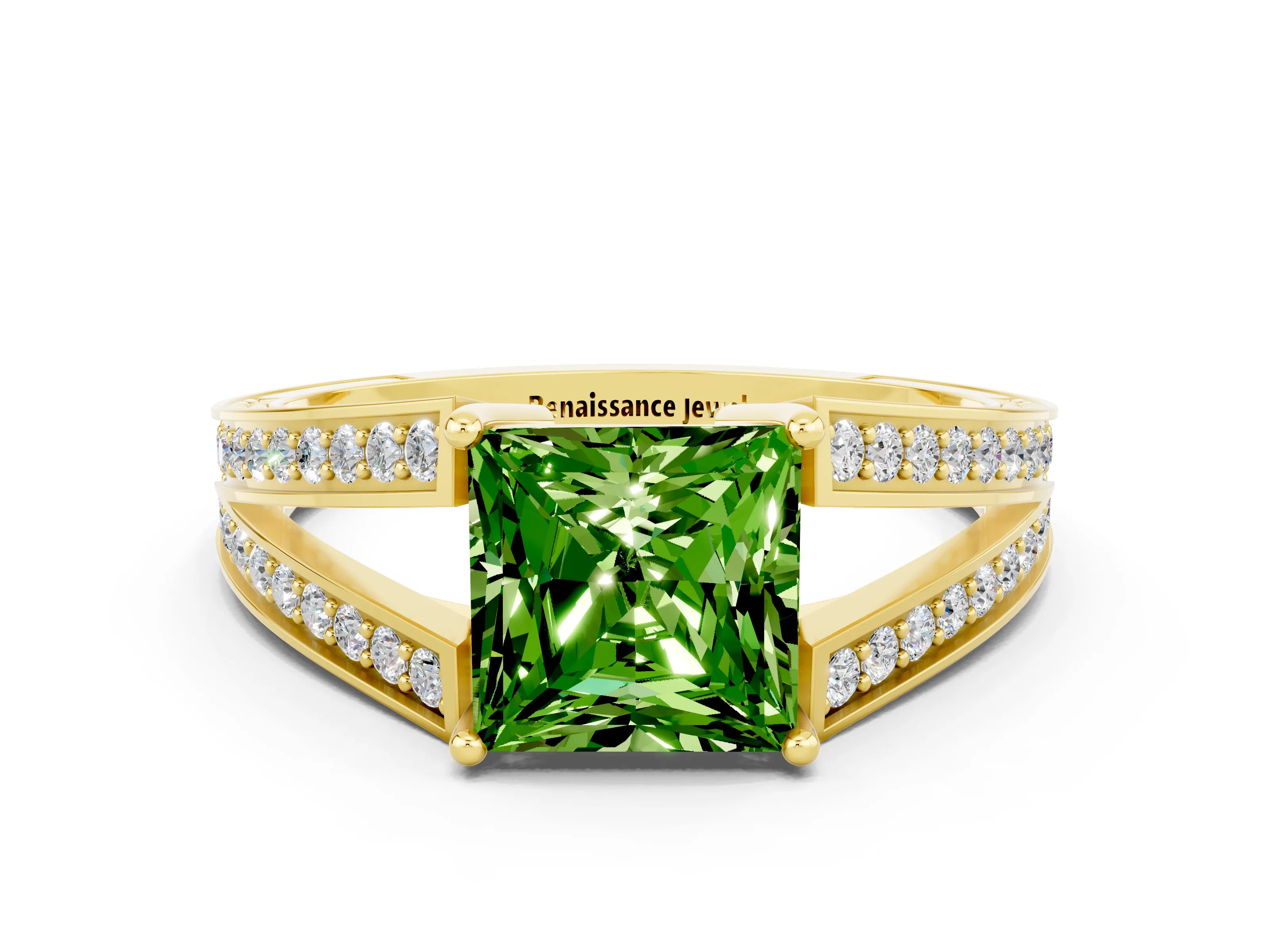 Yellow gold Princess Cut Peridot Split Shank Ring with Pavé Band and Four-Prong Setting