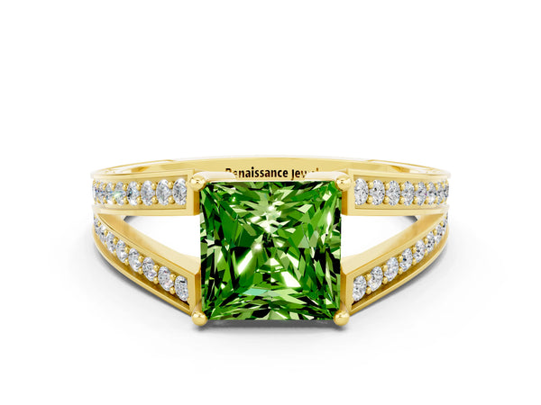 Yellow gold Princess Cut Peridot Split Shank Ring with Pavé Band and Four-Prong Setting
