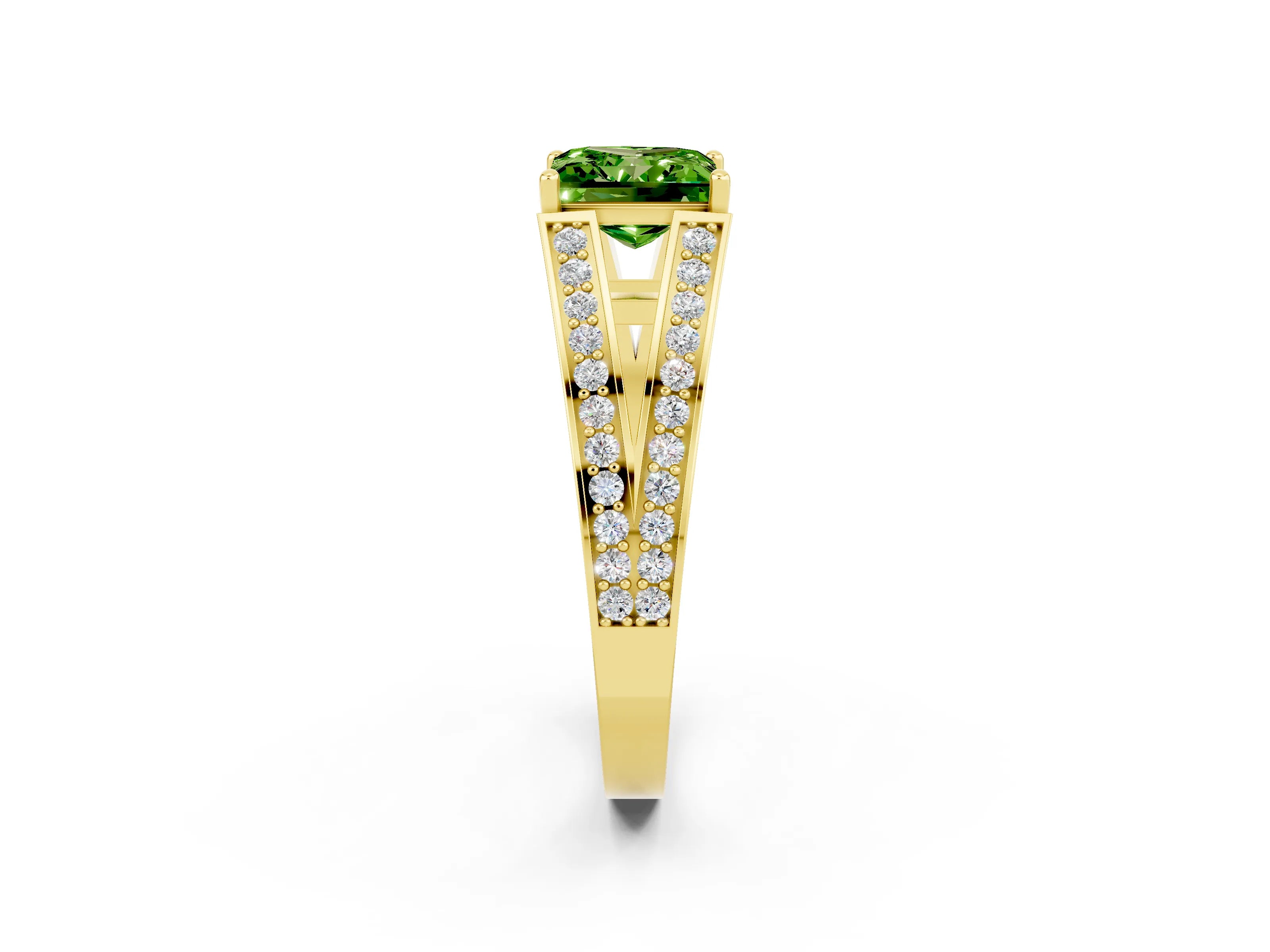 Yellow gold Princess Cut Peridot Split Shank Ring with Pavé Band and Four-Prong Setting_2