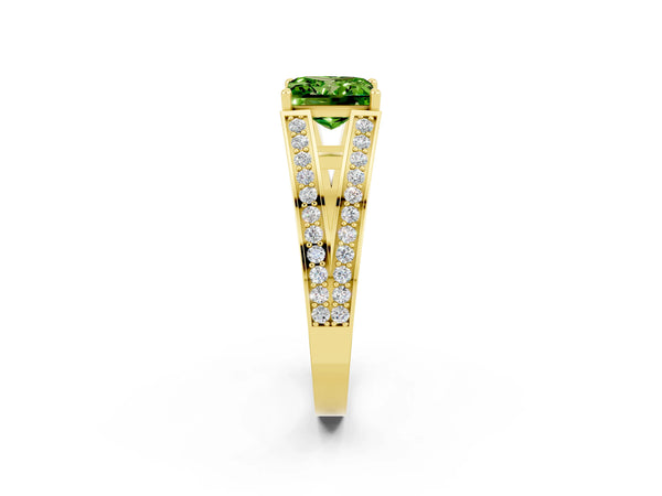 Yellow gold Princess Cut Peridot Split Shank Ring with Pavé Band and Four-Prong Setting