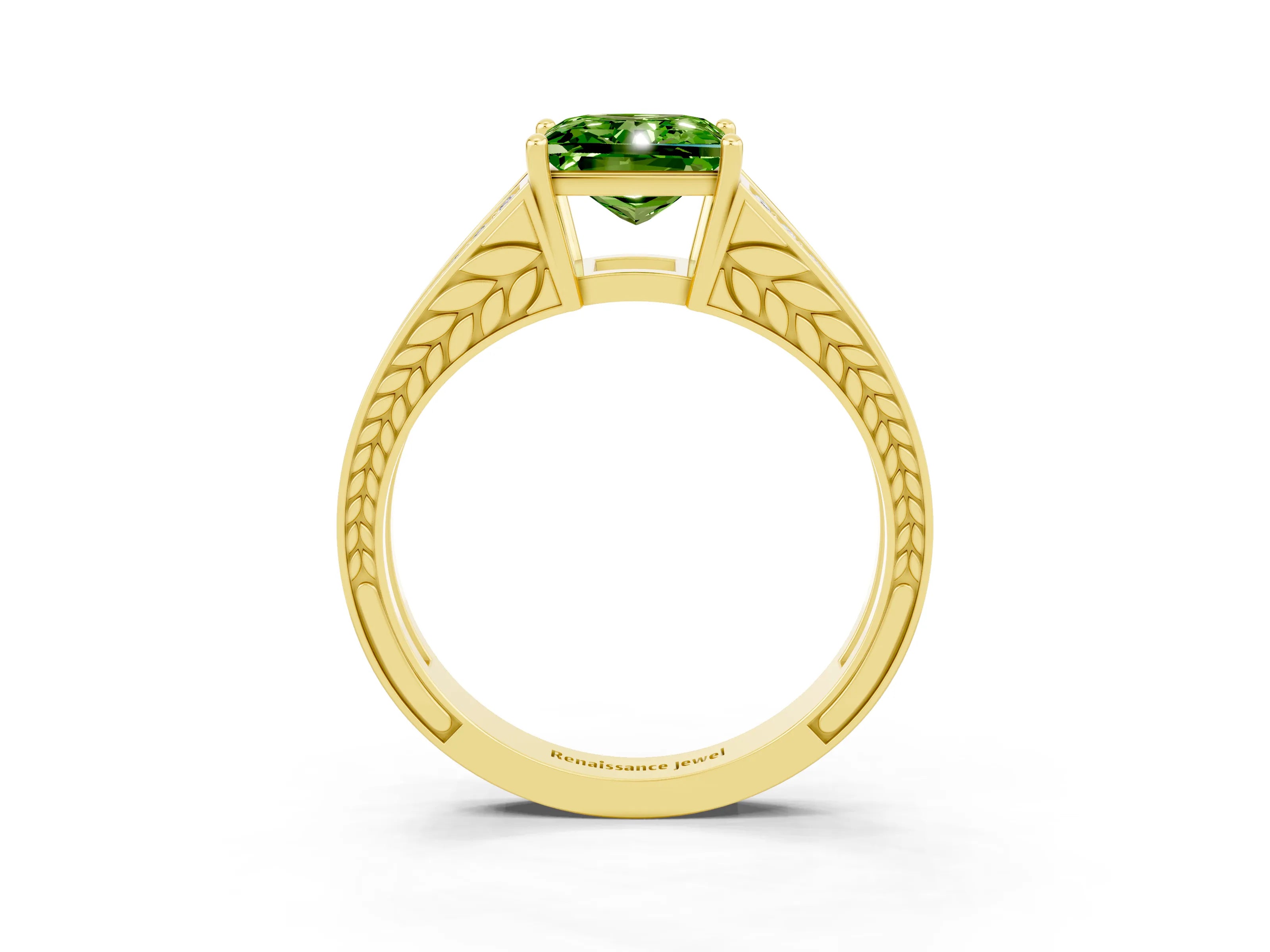 Yellow gold Princess Cut Peridot Split Shank Ring with Pavé Band and Four-Prong Setting_3