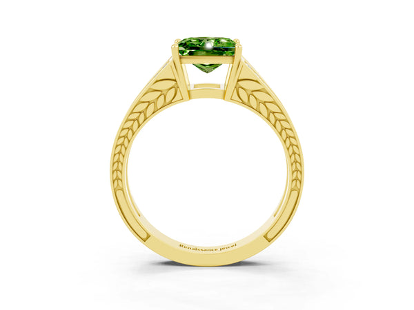 Yellow gold Princess Cut Peridot Split Shank Ring with Pavé Band and Four-Prong Setting