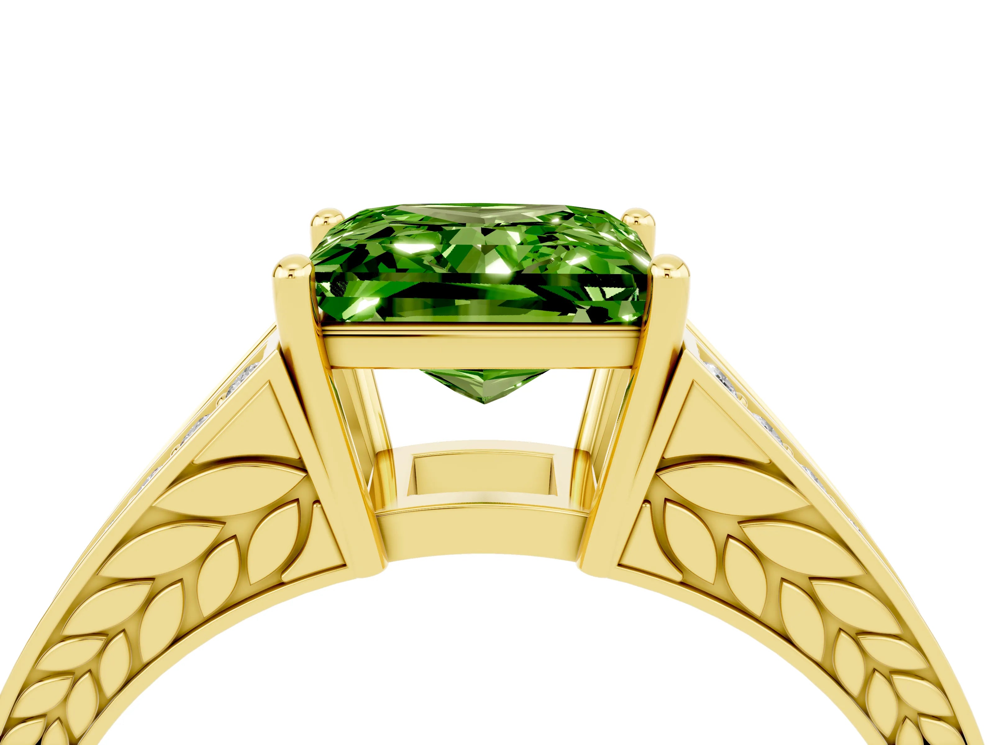 Yellow gold Princess Cut Peridot Split Shank Ring with Pavé Band and Four-Prong Setting_4
