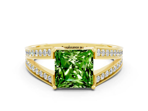 Yellow gold Princess Cut Peridot Split Shank Ring with Pavé Band and Four-Prong Setting