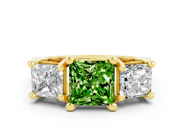 Yellow gold Princess Cut Peridot Three-Stone Ring with Channel Set Band and Four-Prong Setting