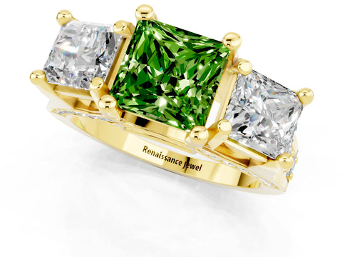 Yellow gold Princess Cut Peridot Three-Stone Ring with Channel Set Band and Four-Prong Setting_1