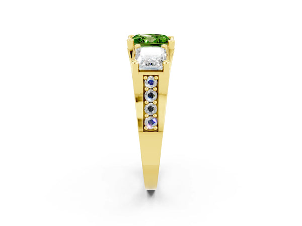 Yellow gold Princess Cut Peridot Three-Stone Ring with Channel Set Band and Four-Prong Setting