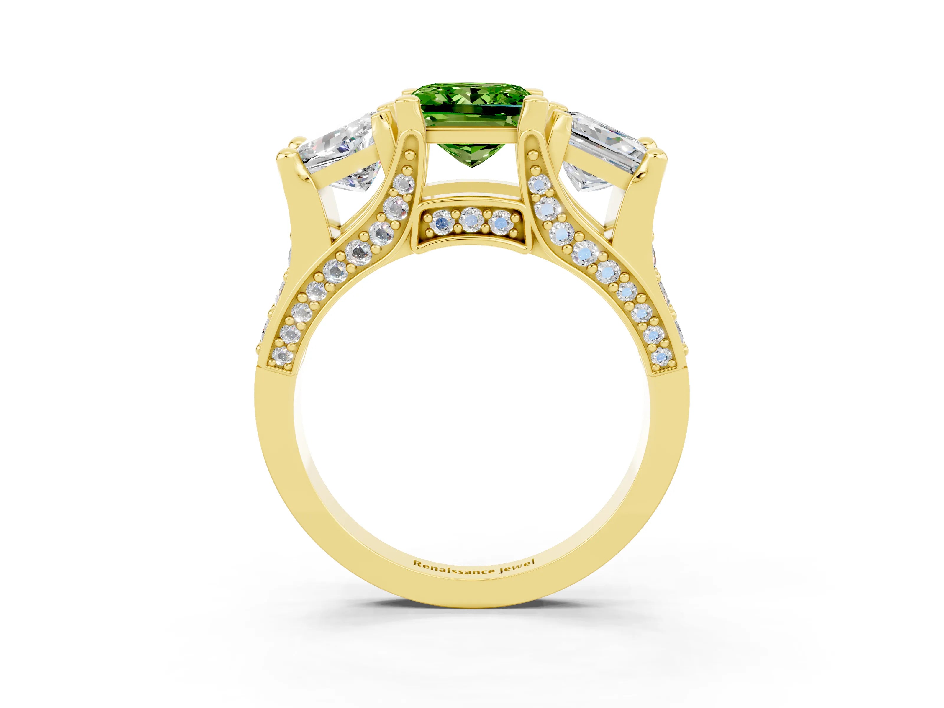Yellow gold Princess Cut Peridot Three-Stone Ring with Channel Set Band and Four-Prong Setting_3