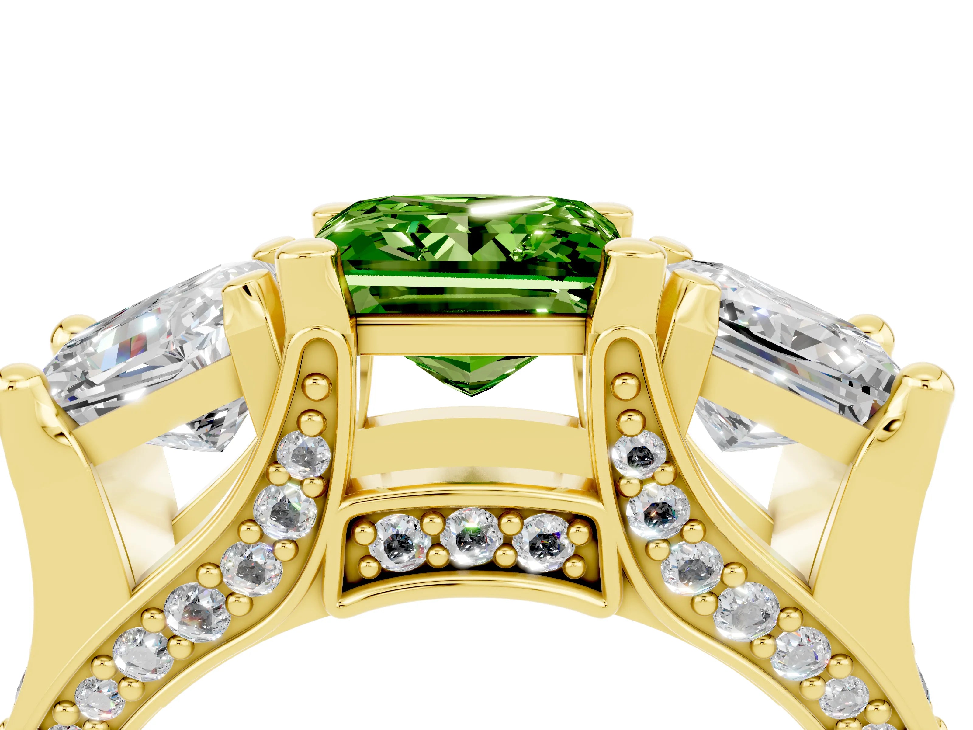 Yellow gold Princess Cut Peridot Three-Stone Ring with Channel Set Band and Four-Prong Setting_4