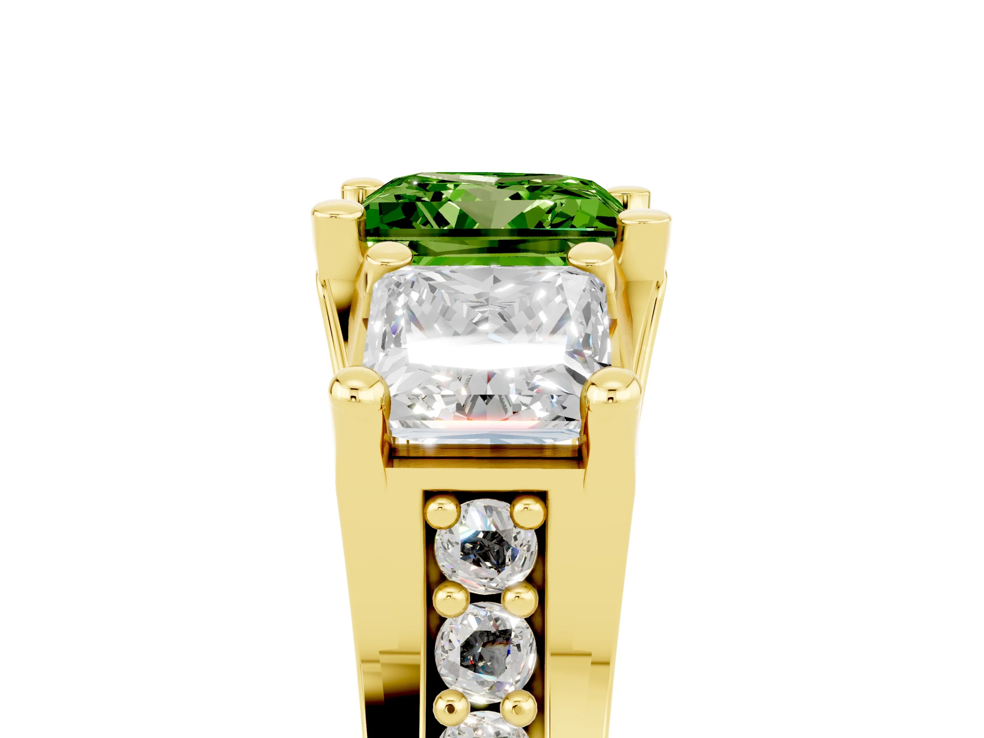 Yellow gold Princess Cut Peridot Three-Stone Ring with Channel Set Band and Four-Prong Setting_5