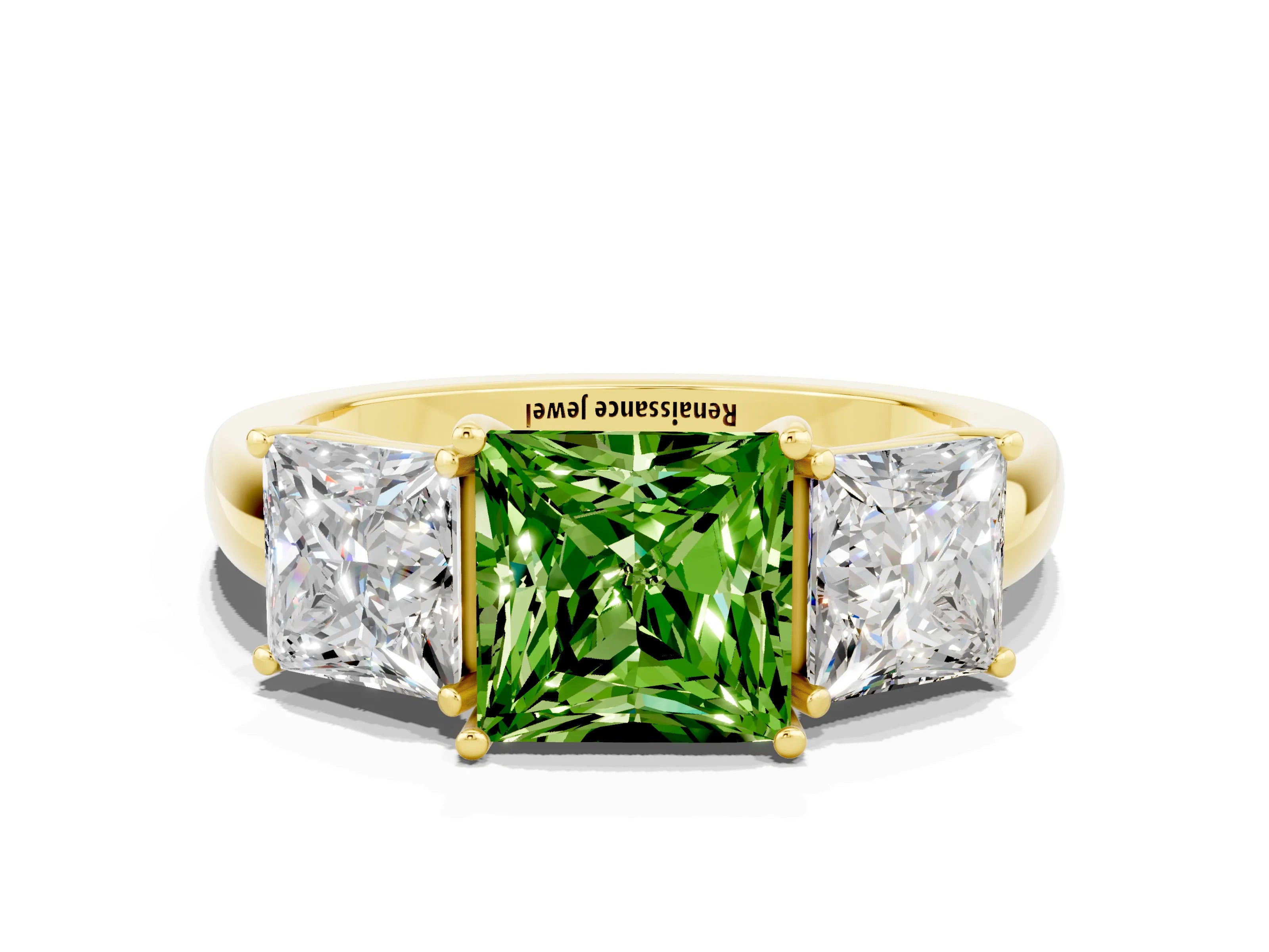 Yellow gold Princess Cut Peridot Three-Stone Ring with Four-Prong Setting and Classic Band