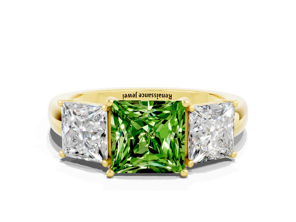 Yellow gold Princess Cut Peridot Three-Stone Ring with Four-Prong Setting and Classic Band