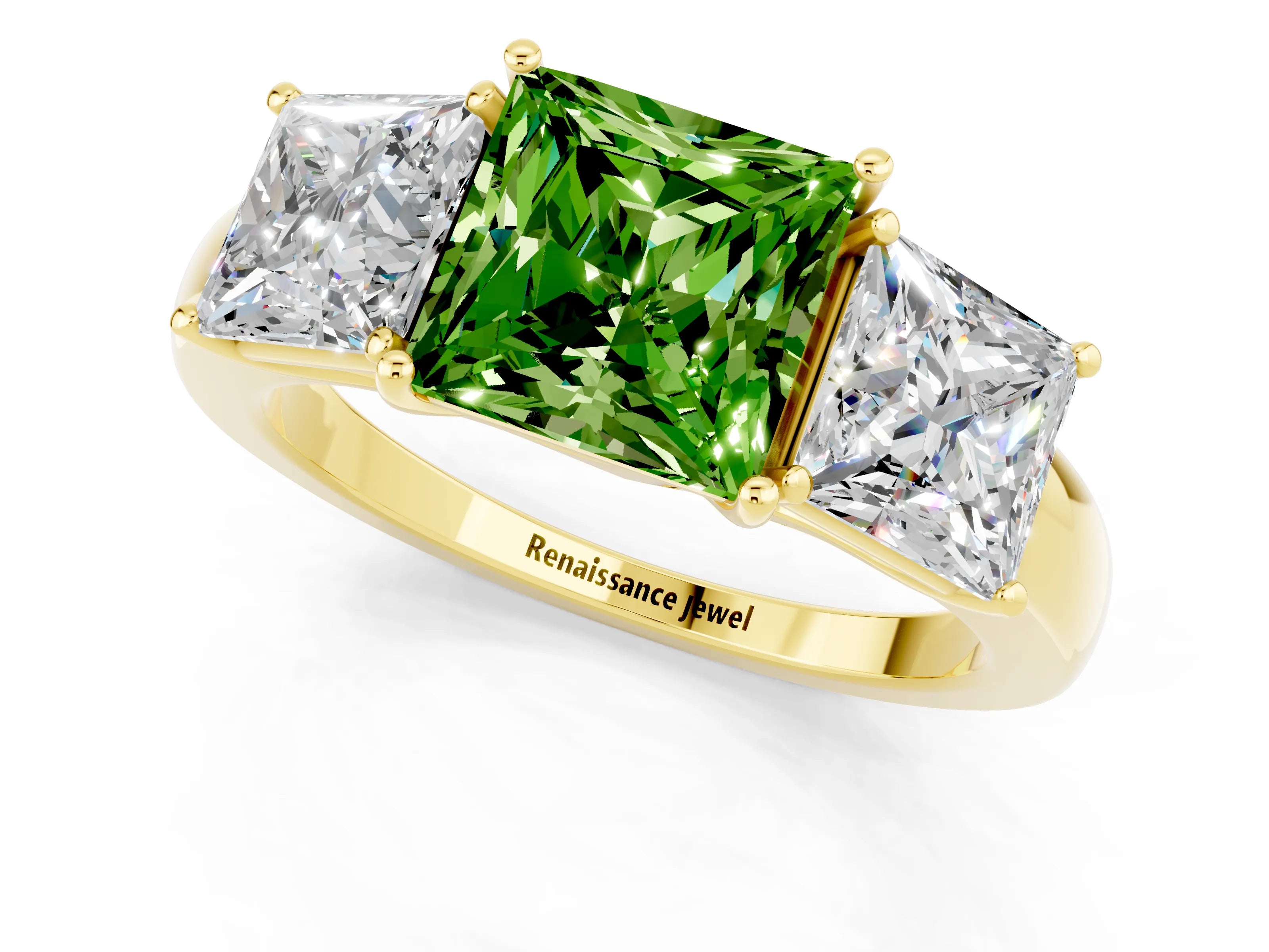 Yellow gold Princess Cut Peridot Three-Stone Ring with Four-Prong Setting and Classic Band_1