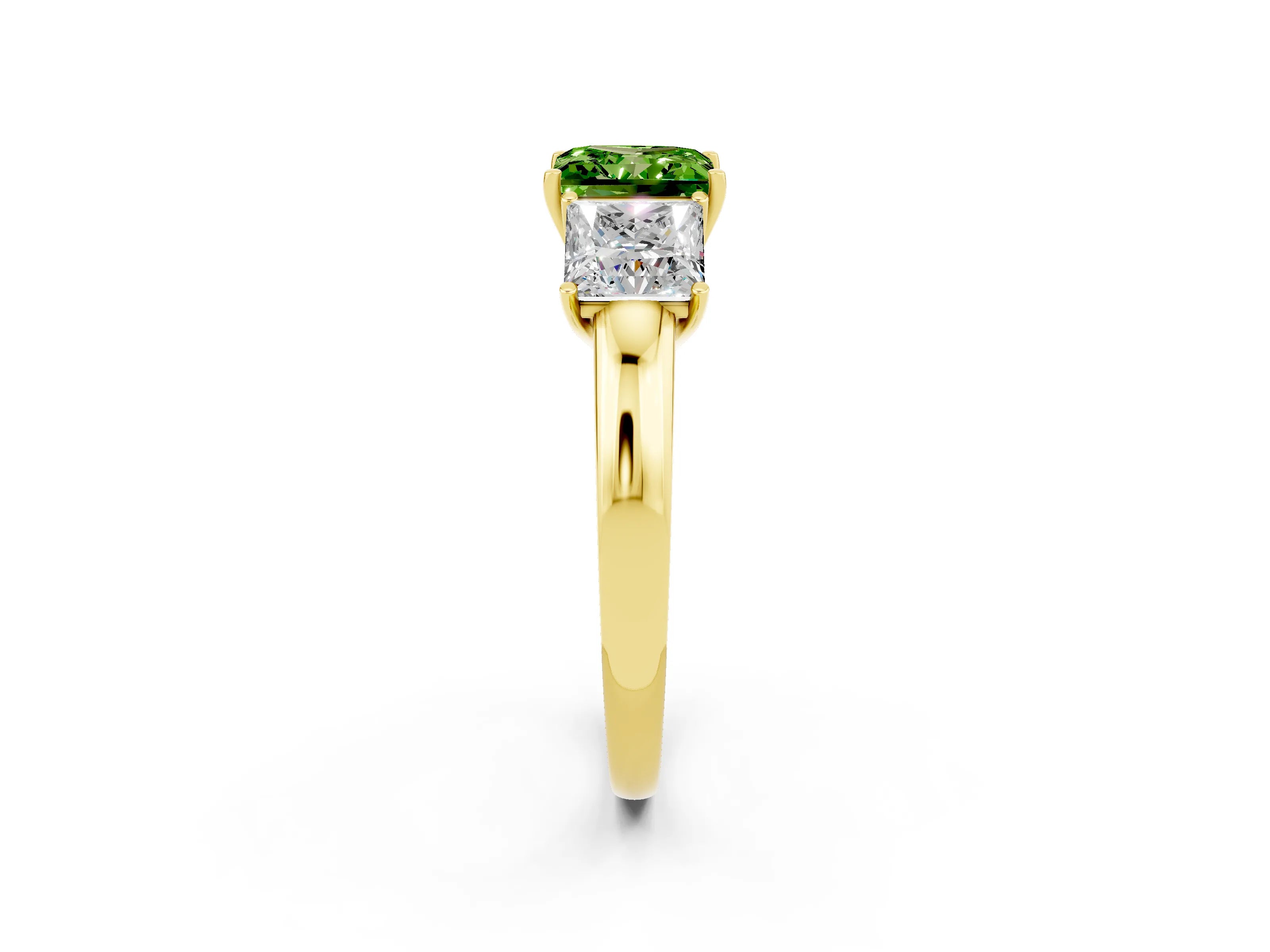 Yellow gold Princess Cut Peridot Three-Stone Ring with Four-Prong Setting and Classic Band_2