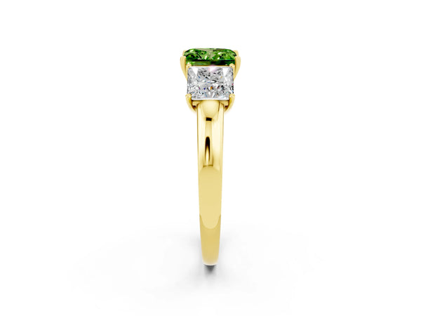 Yellow gold Princess Cut Peridot Three-Stone Ring with Four-Prong Setting and Classic Band