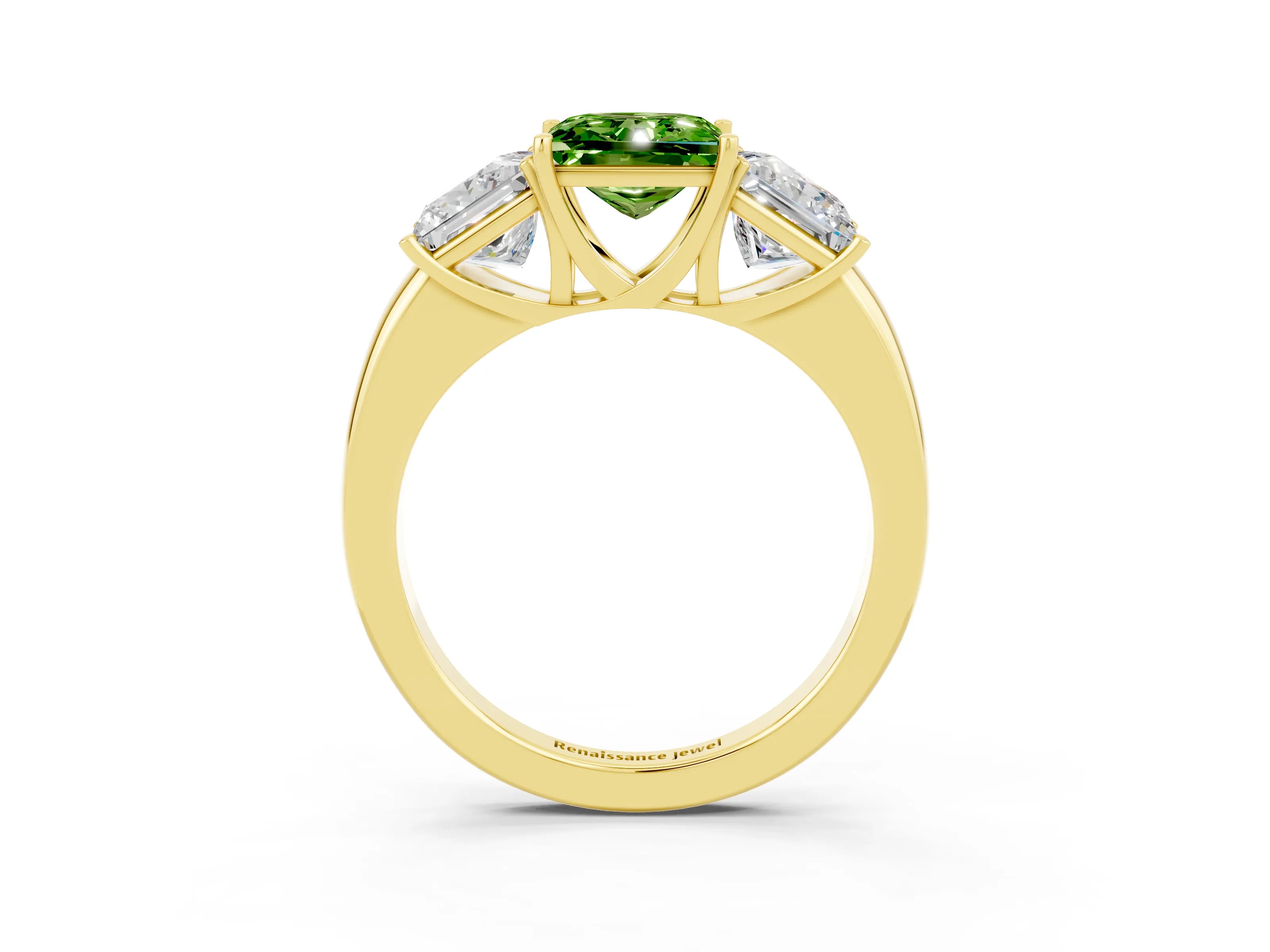 Yellow gold Princess Cut Peridot Three-Stone Ring with Four-Prong Setting and Classic Band_3