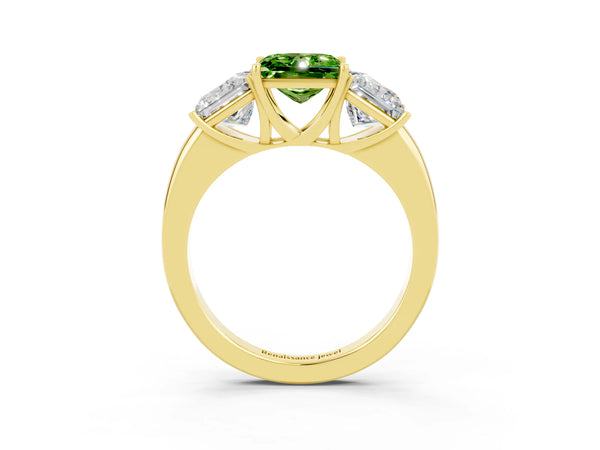 Yellow gold Princess Cut Peridot Three-Stone Ring with Four-Prong Setting and Classic Band