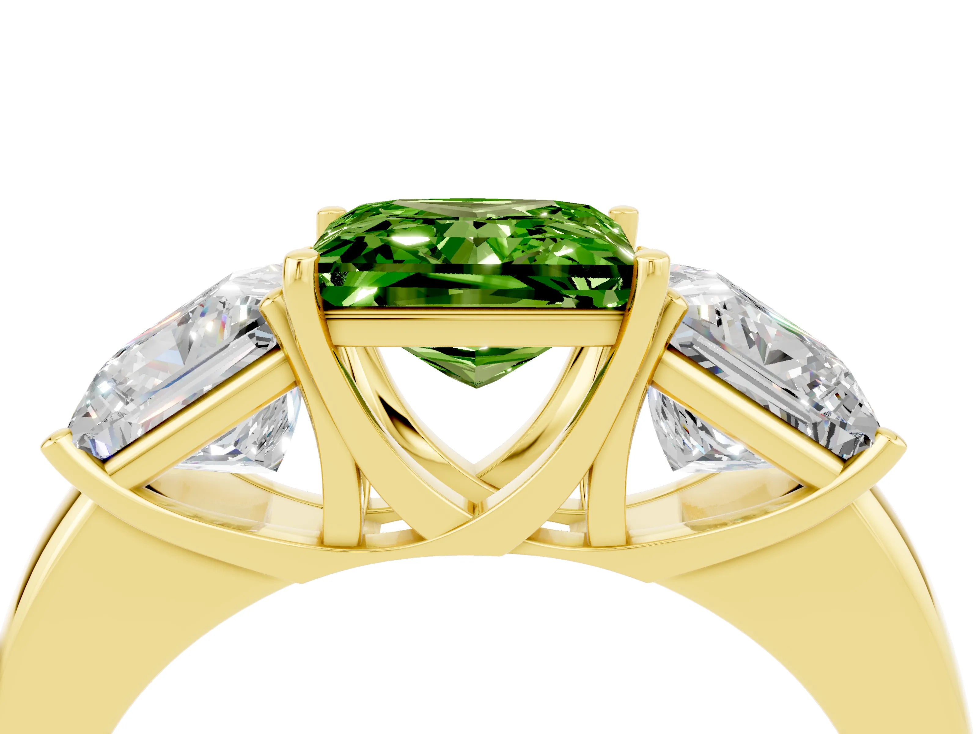 Yellow gold Princess Cut Peridot Three-Stone Ring with Four-Prong Setting and Classic Band_4