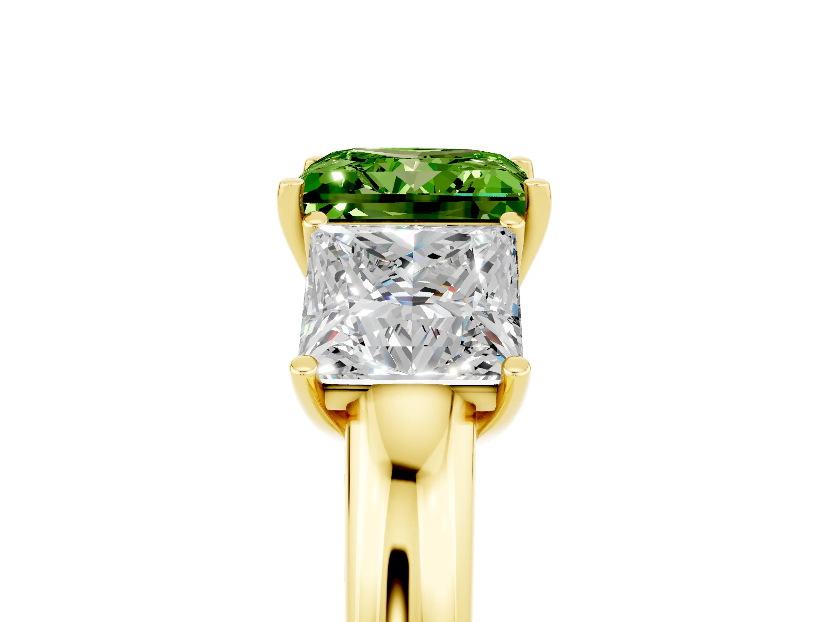Yellow gold Princess Cut Peridot Three-Stone Ring with Four-Prong Setting and Classic Band_5