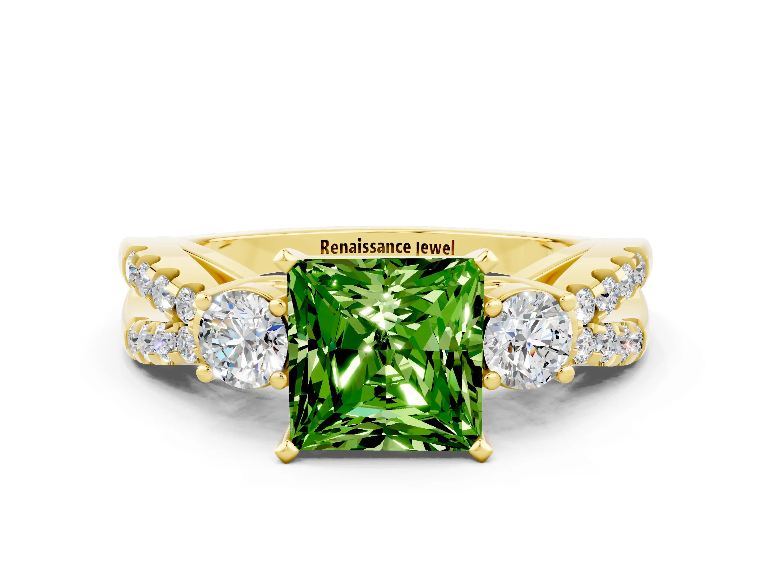 Yellow gold Princess Cut Peridot Three-Stone Ring with Pavé Split Shank and Four-Prong Setting
