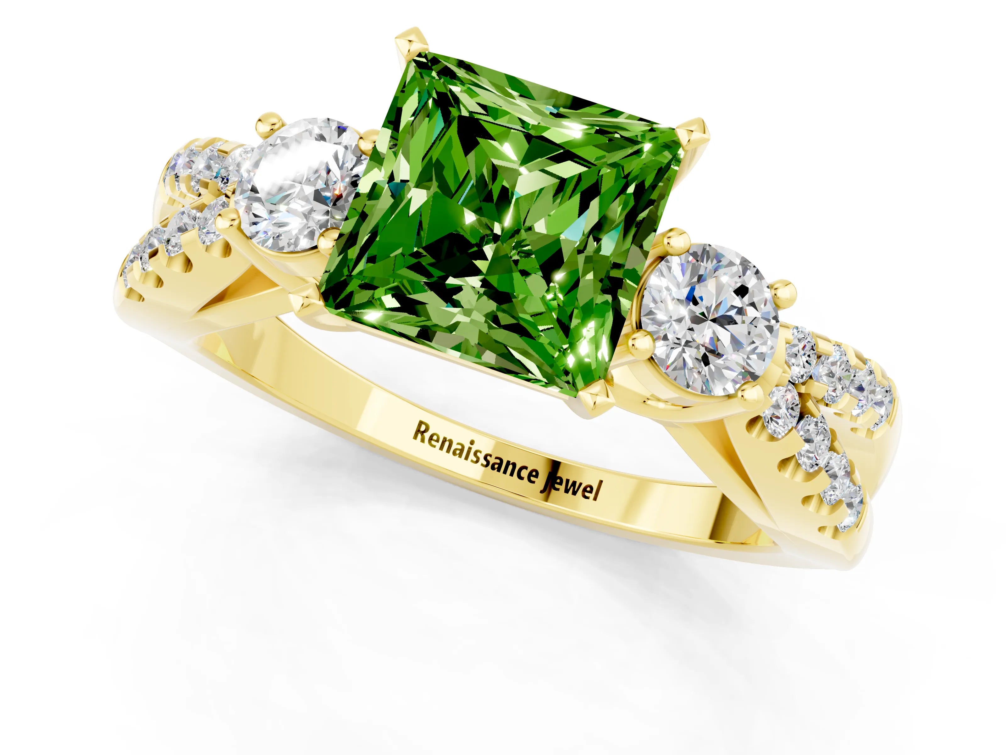 Yellow gold Princess Cut Peridot Three-Stone Ring with Pavé Split Shank and Four-Prong Setting_1