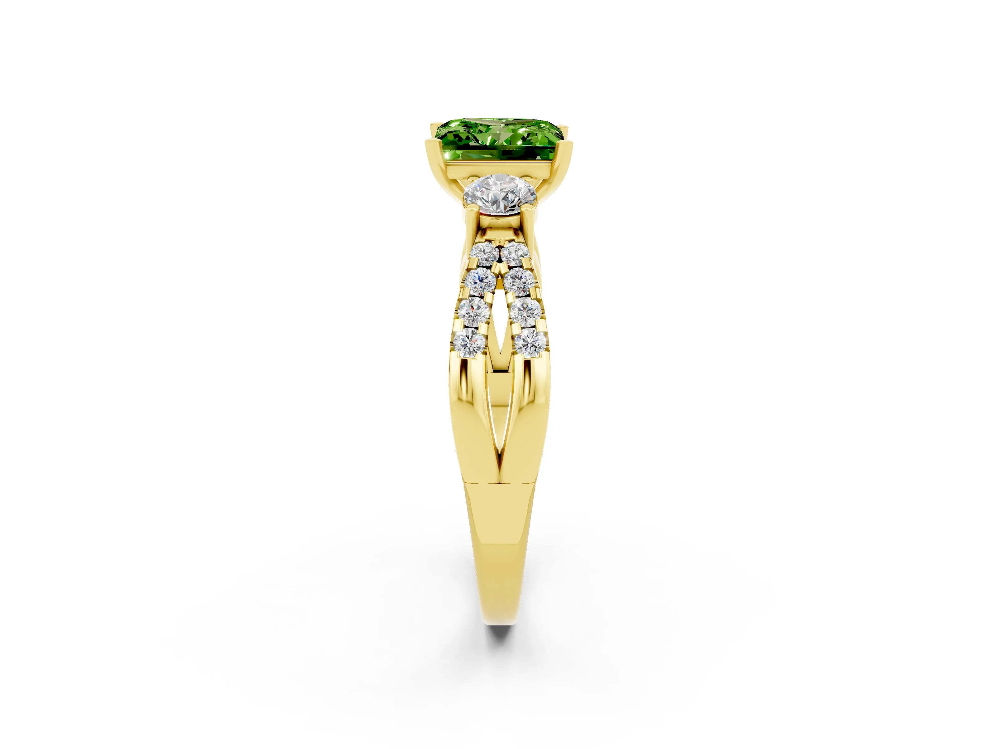 Yellow gold Princess Cut Peridot Three-Stone Ring with Pavé Split Shank and Four-Prong Setting_2