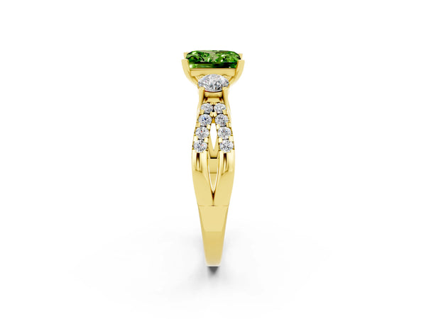 Yellow gold Princess Cut Peridot Three-Stone Ring with Pavé Split Shank and Four-Prong Setting
