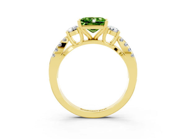 Yellow gold Princess Cut Peridot Three-Stone Ring with Pavé Split Shank and Four-Prong Setting