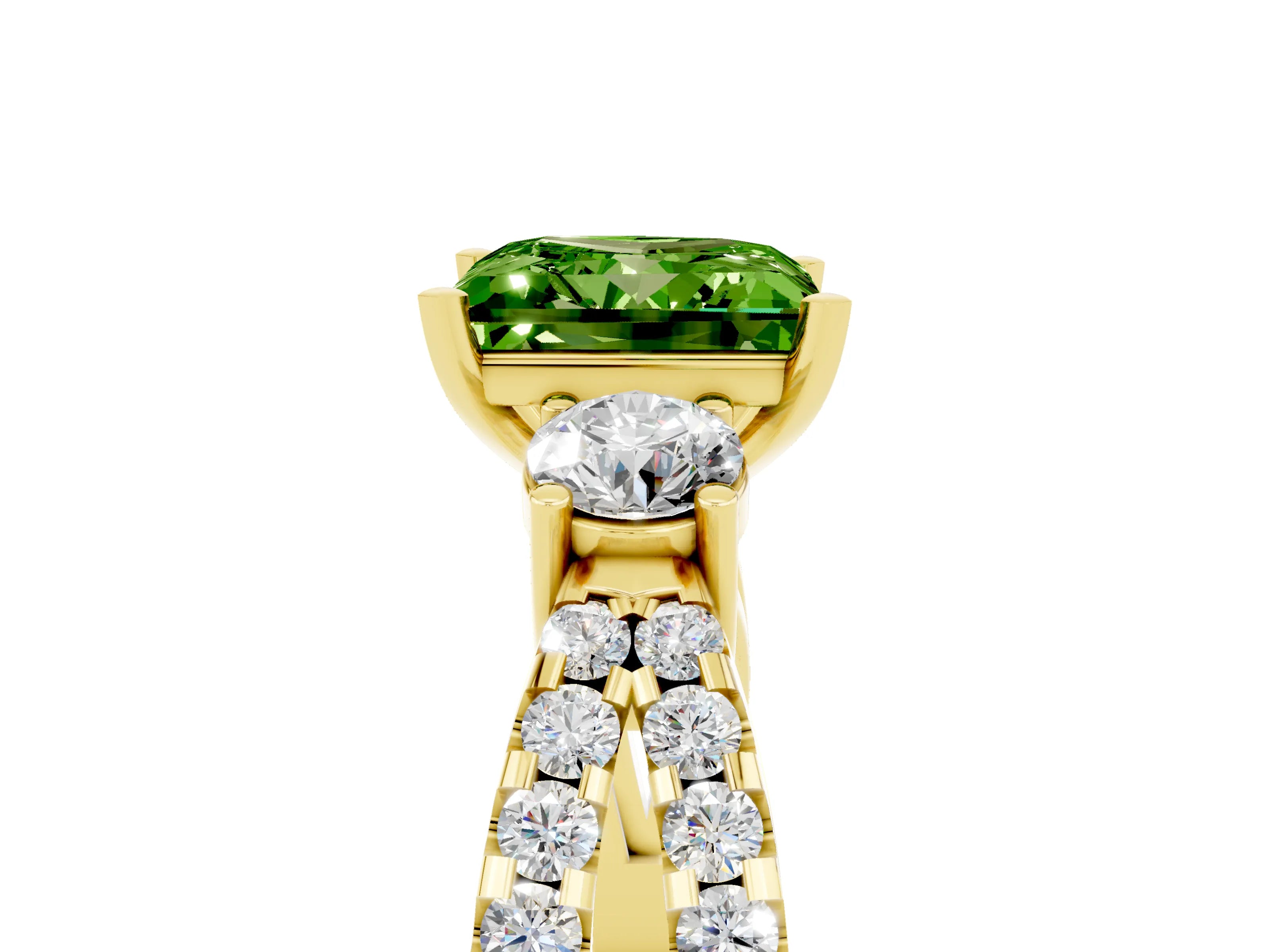 Yellow gold Princess Cut Peridot Three-Stone Ring with Pavé Split Shank and Four-Prong Setting_5