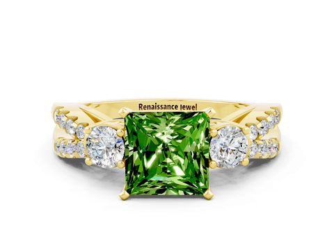 Yellow gold Princess Cut Peridot Three-Stone Ring with Pavé Split Shank and Four-Prong Setting
