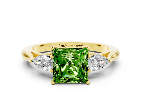 Yellow gold Princess Cut Peridot Three-Stone Ring with Pear Side Stones and Four-Prong Setting_12