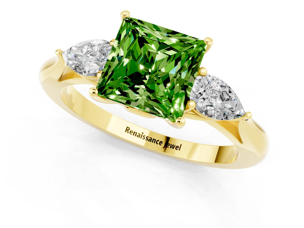 Yellow gold Princess Cut Peridot Three-Stone Ring with Pear  Side Stones and Prong Setting
