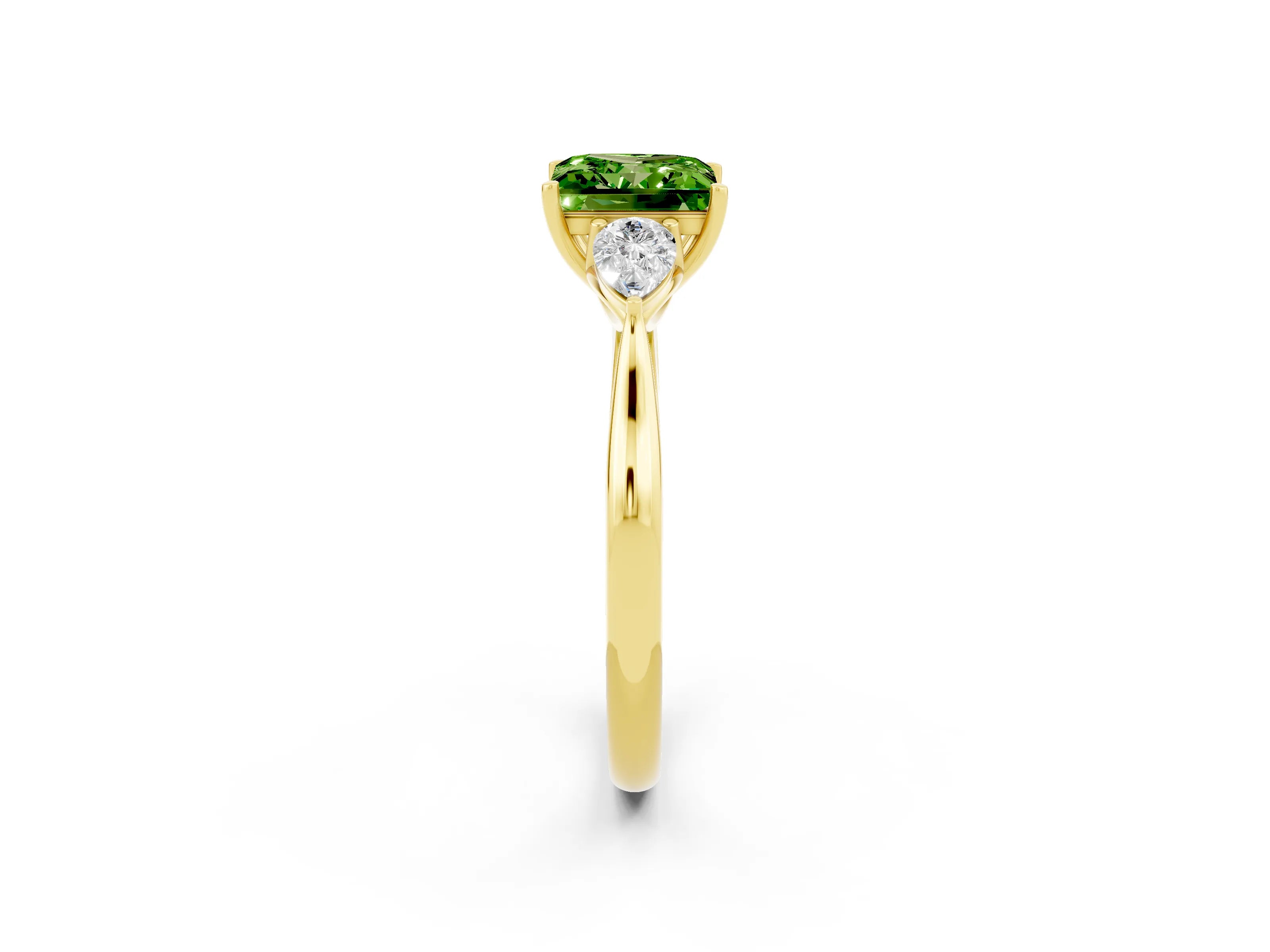 Yellow gold Princess Cut Peridot Three-Stone Ring with Pear Side Stones and Four-Prong Setting_14