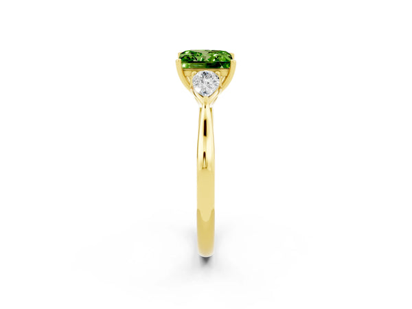 Yellow gold Princess Cut Peridot Three-Stone Ring with Pear  Side Stones and Prong Setting
