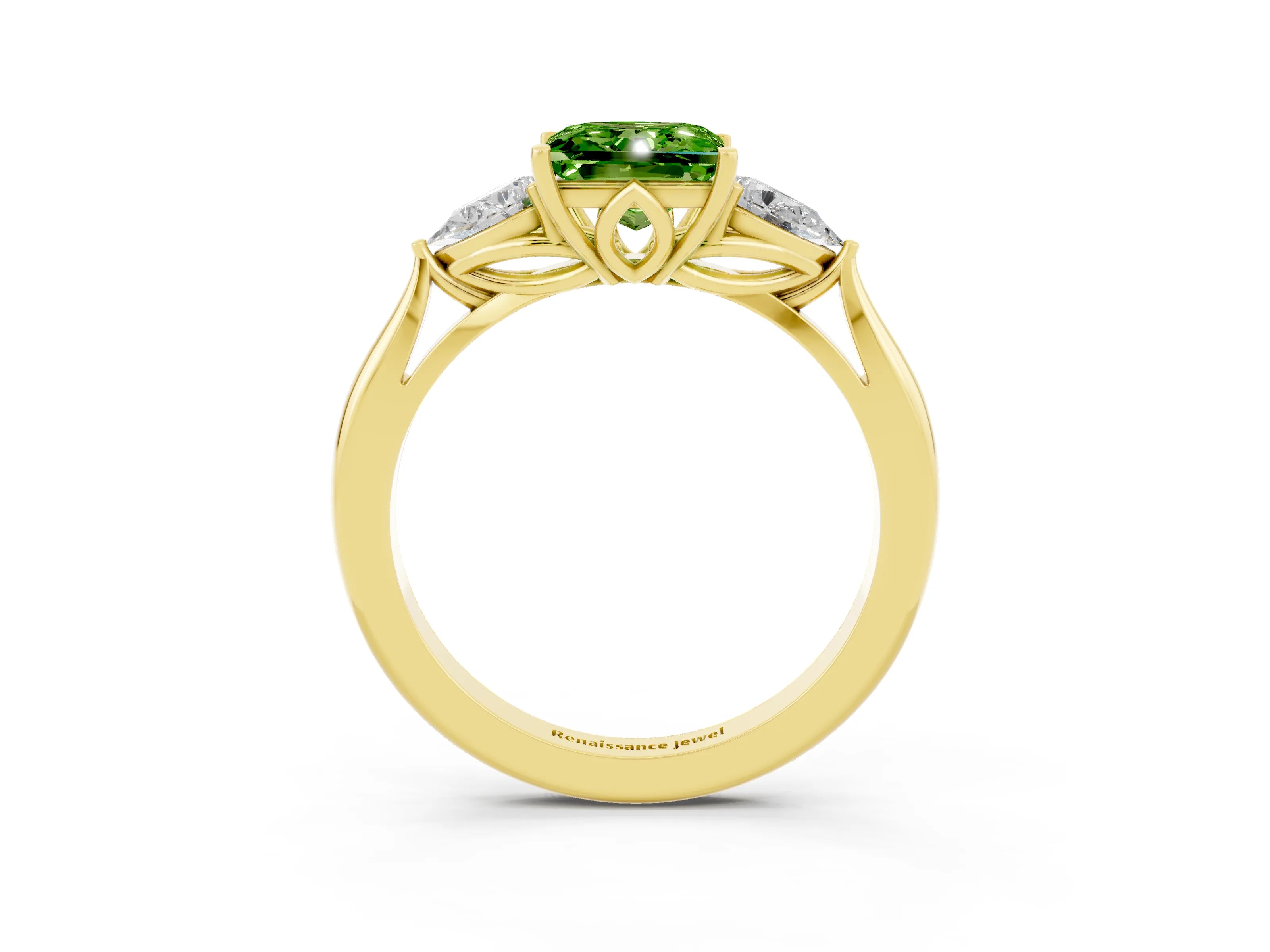 Yellow gold Princess Cut Peridot Three-Stone Ring with Pear Side Stones and Four-Prong Setting_15