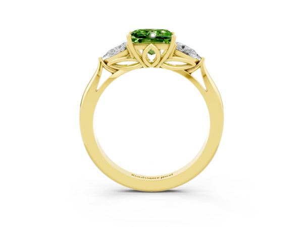 Yellow gold Princess Cut Peridot Three-Stone Ring with Pear  Side Stones and Prong Setting