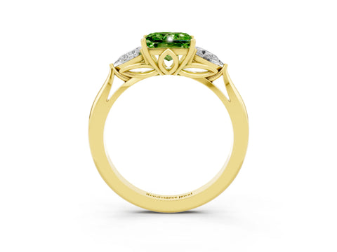 Yellow gold Princess Cut Peridot Three-Stone Ring with Pear Side Stones and Four-Prong Setting_15