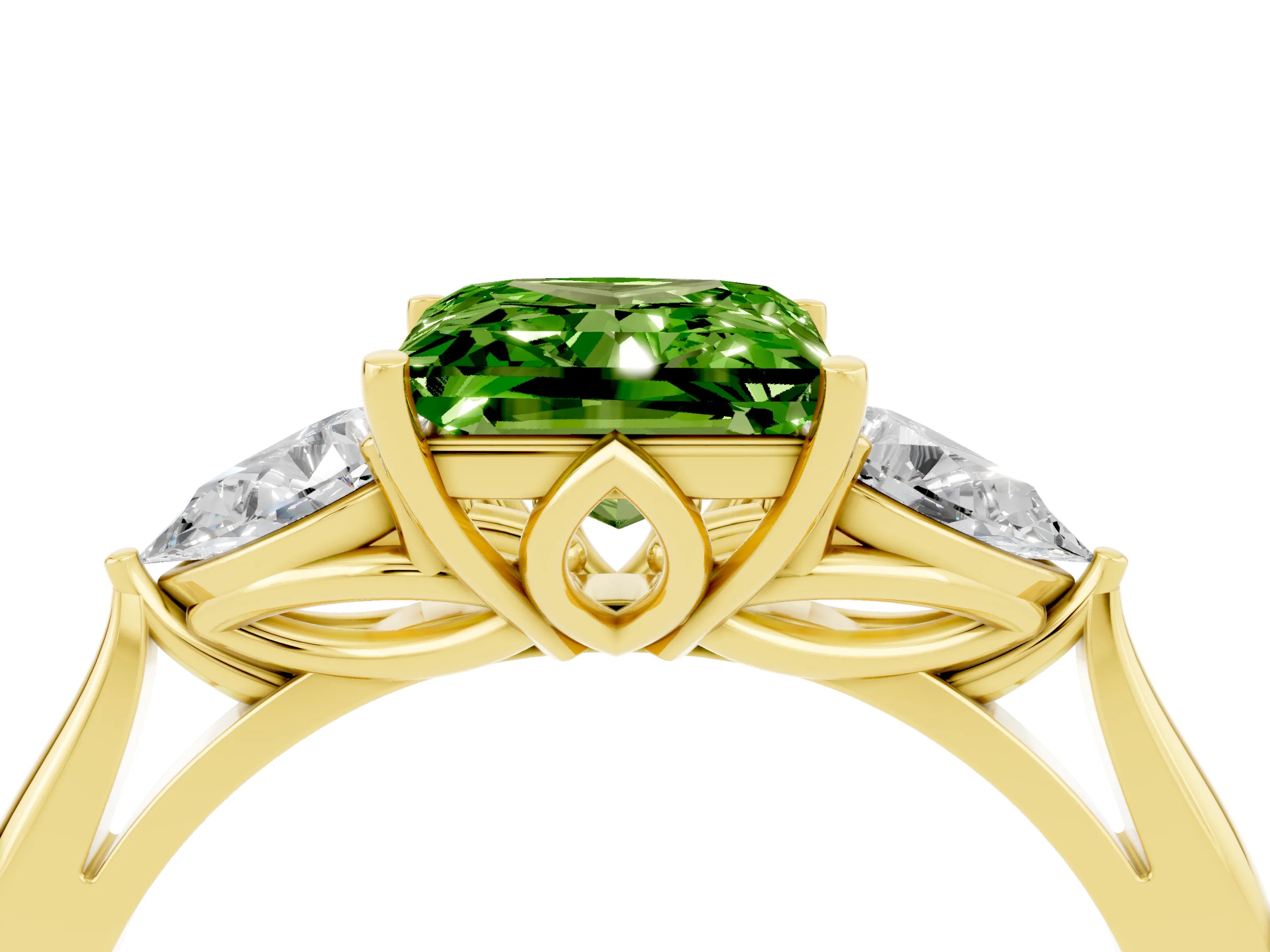 Yellow gold Princess Cut Peridot Three-Stone Ring with Pear Side Stones and Four-Prong Setting_16