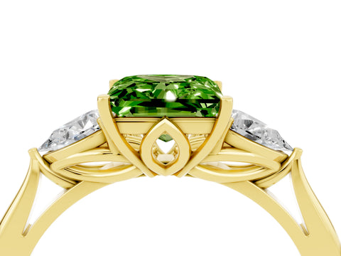 Yellow gold Princess Cut Peridot Three-Stone Ring with Pear Side Stones and Four-Prong Setting_16