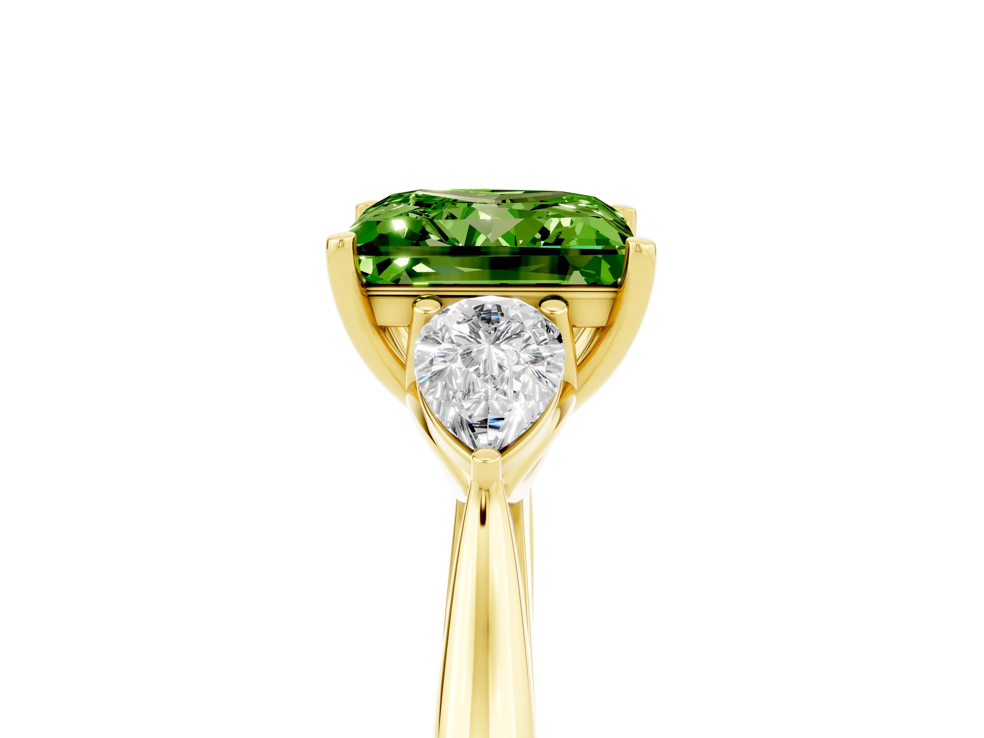 Yellow gold Princess Cut Peridot Three-Stone Ring with Pear Side Stones and Four-Prong Setting_17