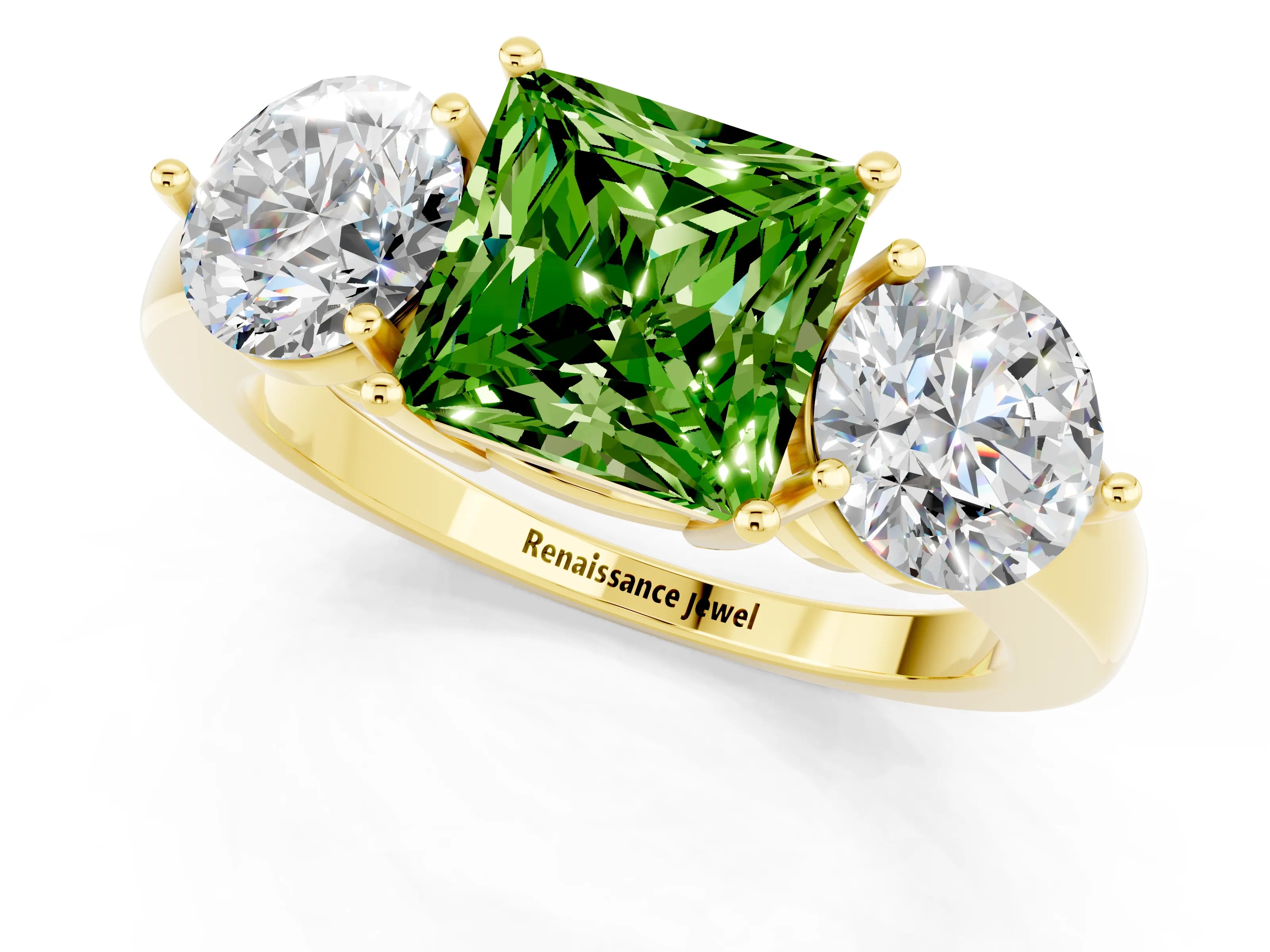 Yellow gold Princess Cut Peridot Three-Stone Ring with Prong Setting and Classic Band_1